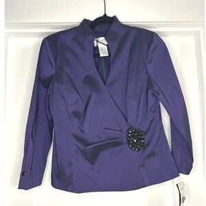 NEW JR Nites Carol Lin Purple‎ Stretch Taffeta Beaded Mock Wrap Blouse Womens 8
